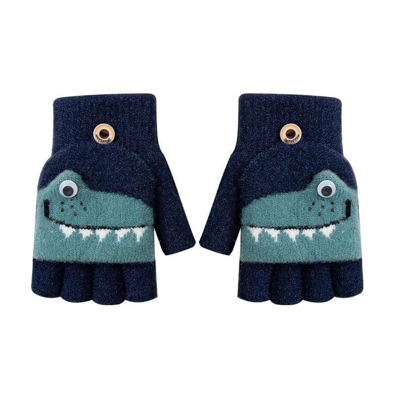 Autumn and Winter Warm and Cold Half Finger Flip Cartoon Crocodile Boy Baby Mink Velvet Primary School Students Writing Children's Gloves