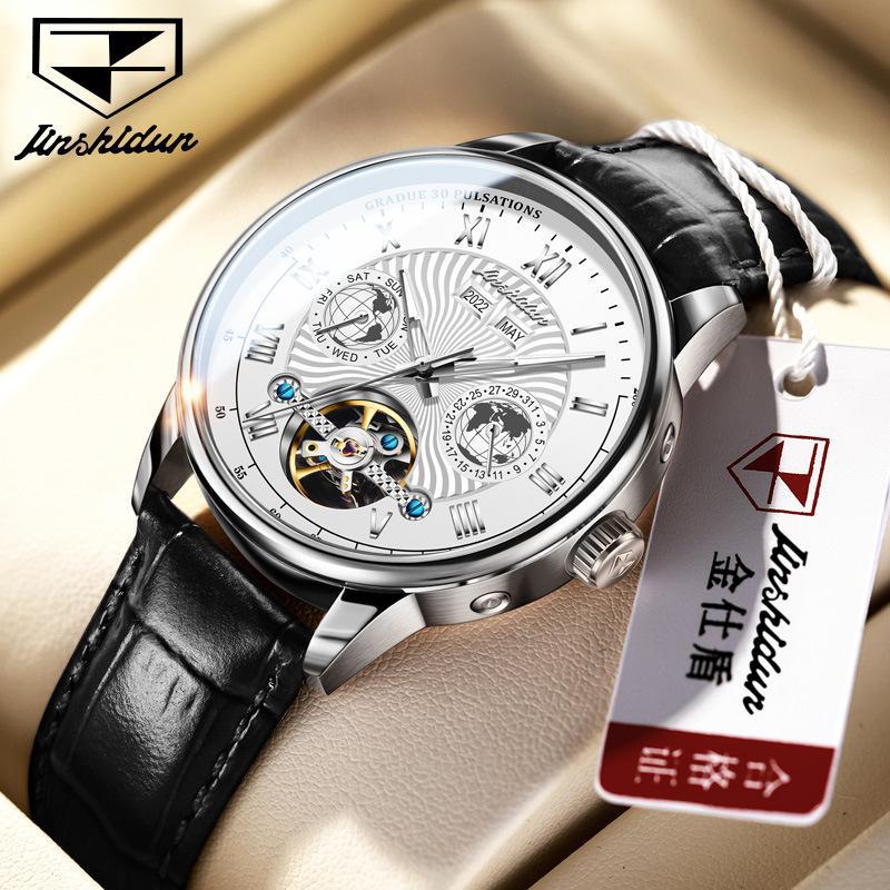 

JINSHIDUN Новые деловые и развлекательные мужские часы Многофункциональные механические часы Модные полые водонепроницаемые мужские часы