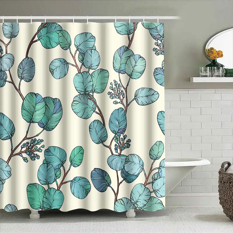 Green Leaves Printed Shower Curtain Waterproof Bathroom Decor