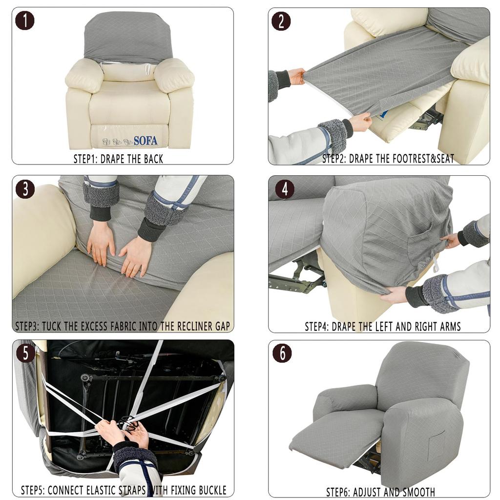 4-teiliger Stretch-Liegesessel-Überzug Jacquard-Liegesesselbezüge mit Seitentasche Rutschfest 1-Sitzer Sofa Möbelprotektoren