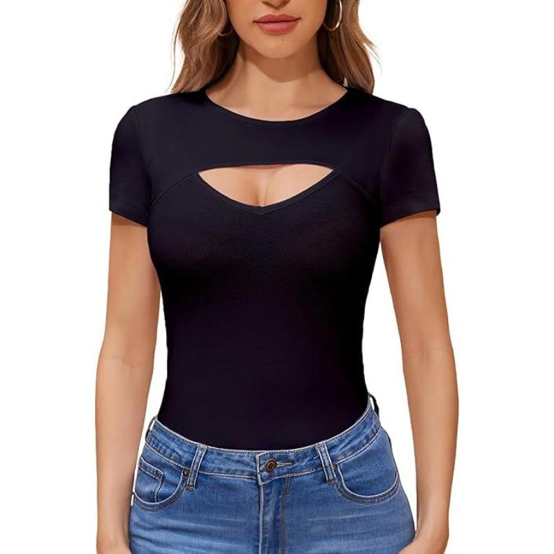 New Fashion Spring and Summer Sexy Hollow Threaded T-Shirt Top Casual Crew Neck Short Sleeve Women S