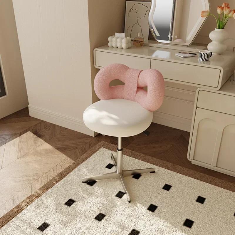 Adjustable Wool/Sheepskin Makeup Chair Rotatable Dressing Stool Easy-to-Clean Bow Tie Design Sag-Proof Computer Seat