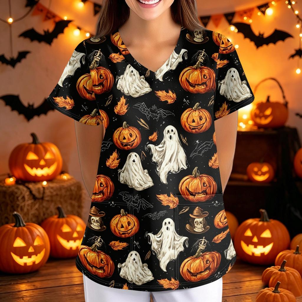 Women's Halloween Print Loose Fit V Neck Short Sleeve Medical Scrub Top with Pockets for Healthcare Professionals Nurse Uniform