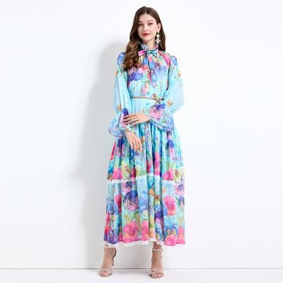 Summer Autumn Women Print Lace Hem Oversize Loose Holiday Beach Long Maxi Cake Dresses