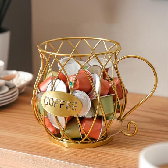 Coffee Pods Holder Mug Shape Coffee Capsule Basket Metal Wire Coffee Pods Organizer for Home Cafe Counter Table Bar