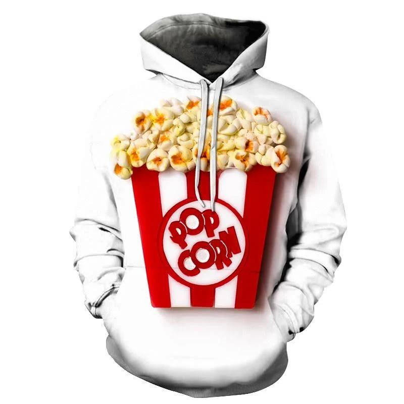 Ny Mote Popcorn 3D-trykket Morsom Hettegenser Dameklær Høst Langermet Hette Unisex Streetwear Genser Topper