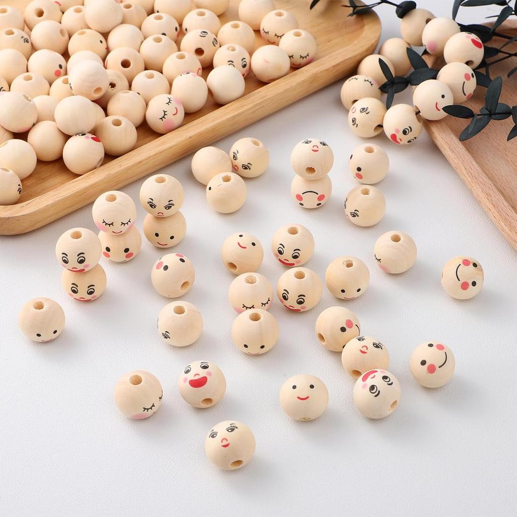COHEALI 100pcs Smiling Face Wooden Beads Wood Spacer Beads Loose Bead 20mm Painted Wooden Beads for DIY Bracelet Necklace Jewelry Making Hair Crafts