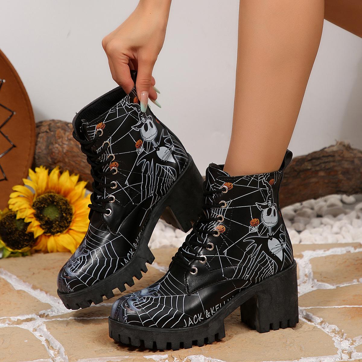 

Halloween Platform Ankle Boots for Women Cartoon Skull Pumpkin Print Boots Woman Thick Bottom High Heel Lace Up Booties Ladies 36