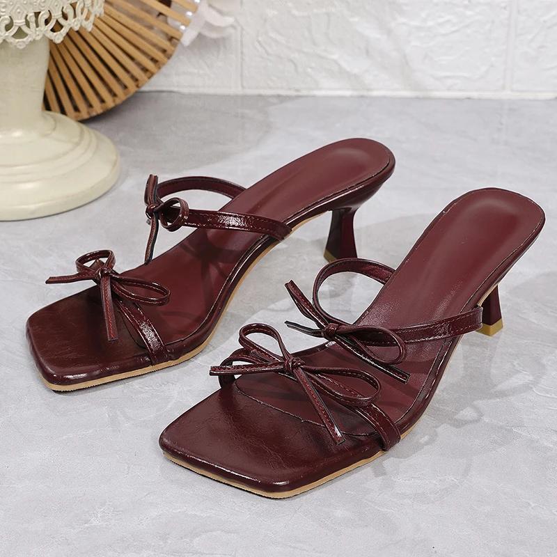 

Fashion Zoki Elegant Bowknot High Heels Sandals Women Square Toe Design Thin Heels Slippers Woman Fashion Slip On Party Shoes Female 35 вино красного