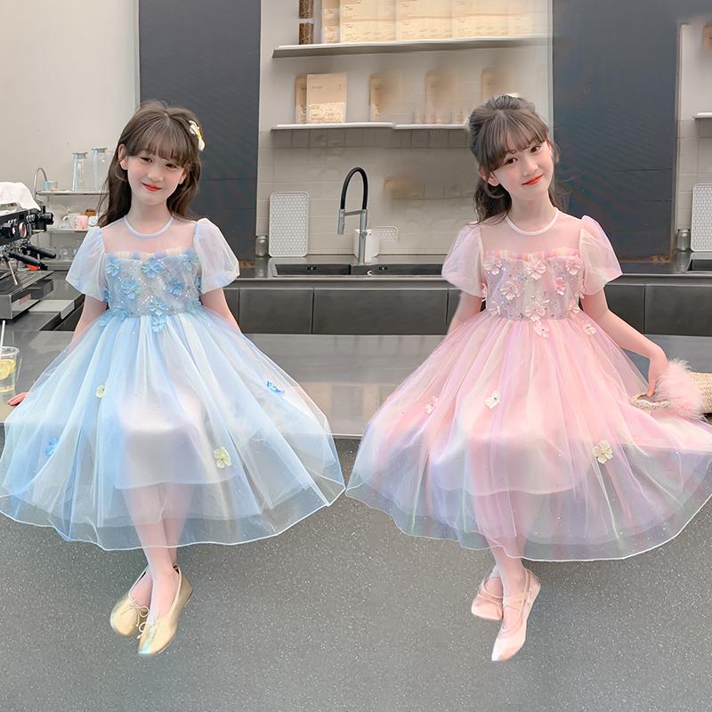 Girls' Princess Dress Summer 2026 New Fashionable Girls' Rainbow Mesh Dress Children's Birthday Dress Dress