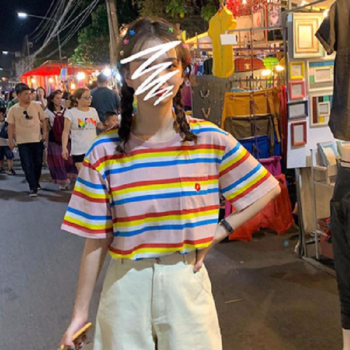 

Летняя повседневная свободная футболка женская уличная одежда Harajuku Радужные полоски футболки с коротким рукавом для женщин Y2k Топы винтажная одежда XXL