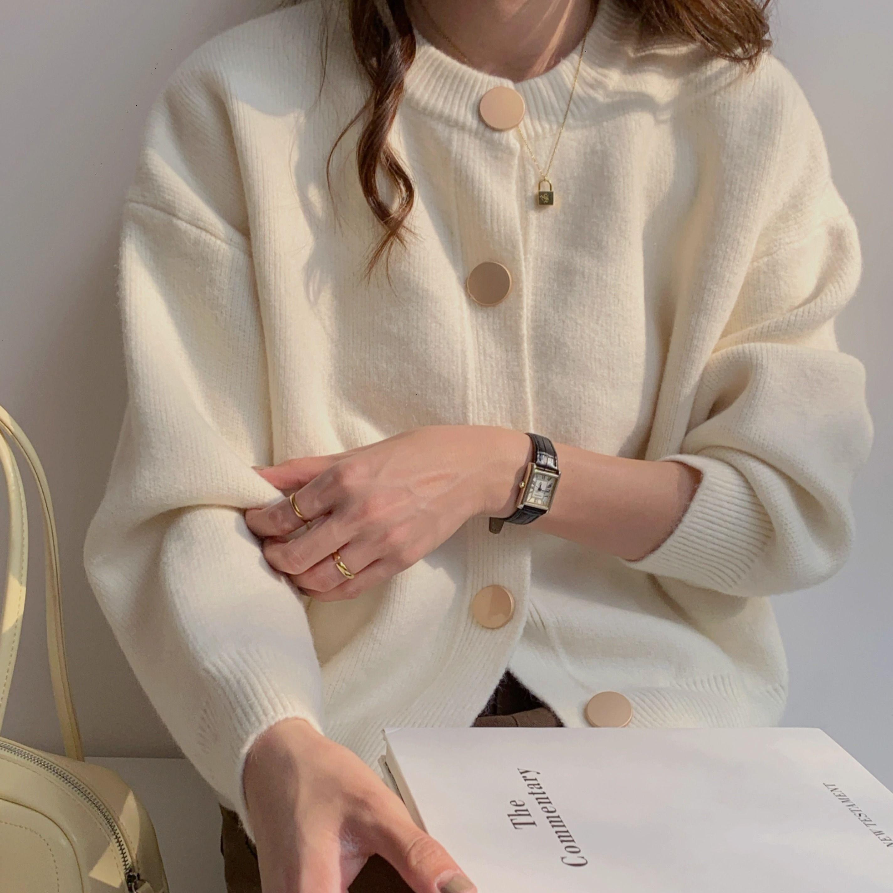 

Дизайн свитера на осень-зиму, пальто, однобортное, свободного ленивого стиля, однотонный вязаный кардиган, вязаный топ с круглым вырезом для женщин S