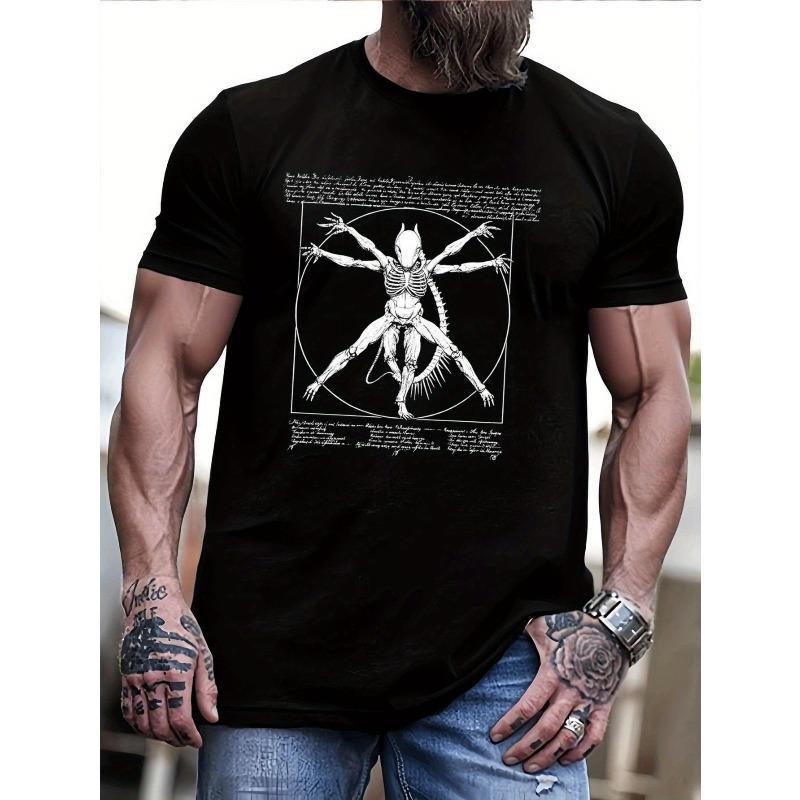 

European sizes Men S Plus Size Summer T-Shirt - Black Crew Neck Alien Vitruvian Man Graphic Tee,Perfect for Sci-Fi & Art Enthusiast 4XL чорний