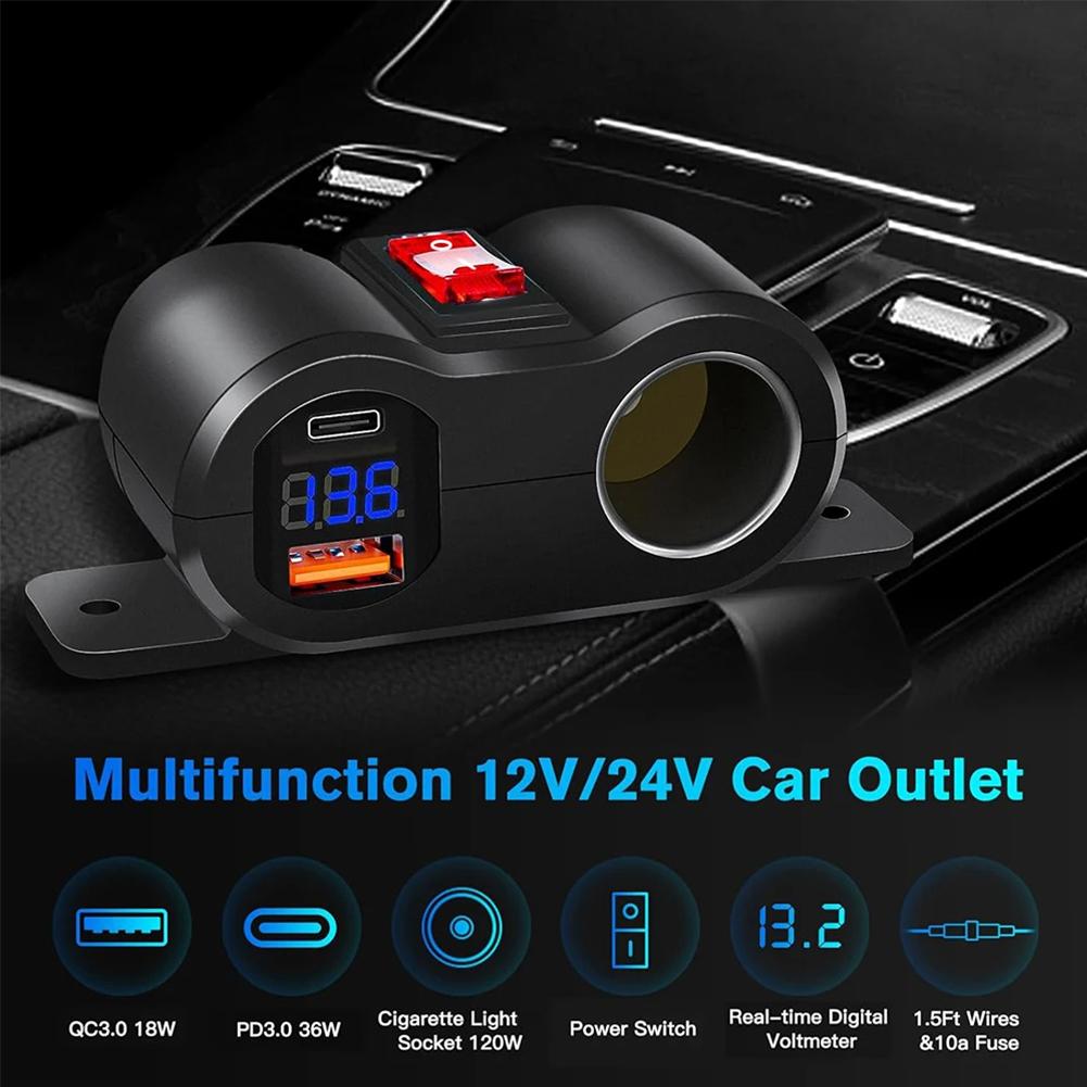 12-24V USB C Ports Socket 36W PD3.0+18W QC3.0 Dual USB Built-in Car Camper Adapter Cigarette Lighter For RV Marine Motorcycle