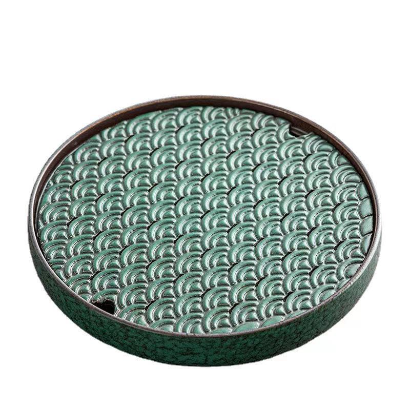 Round Ceramic Tea Tray: Chinese Retro Kung Fu Tea Set, Dual-Use Dry & Wet Brewing Table with Water Storage.