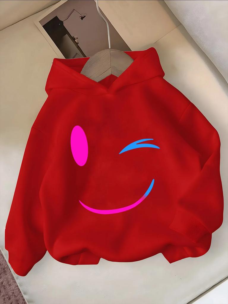 2026 Boys' and Girls' Warm Hoodie with Heart and Smiley Face Cartoon 2D Style, Autumn and Winter Warm and Stylish Top Black