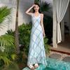 Summer New Korean Version of Women's Clothing Striped Lace Lace Bow, Suspender Dress High Waist A-shaped Long Dress