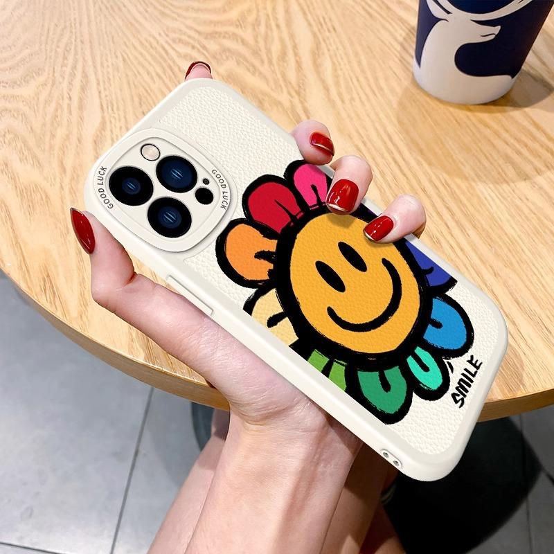 Flower smiley face Apple 11promax mobile phone case 11pro simple black and white 11/11 couple protective case for men and women