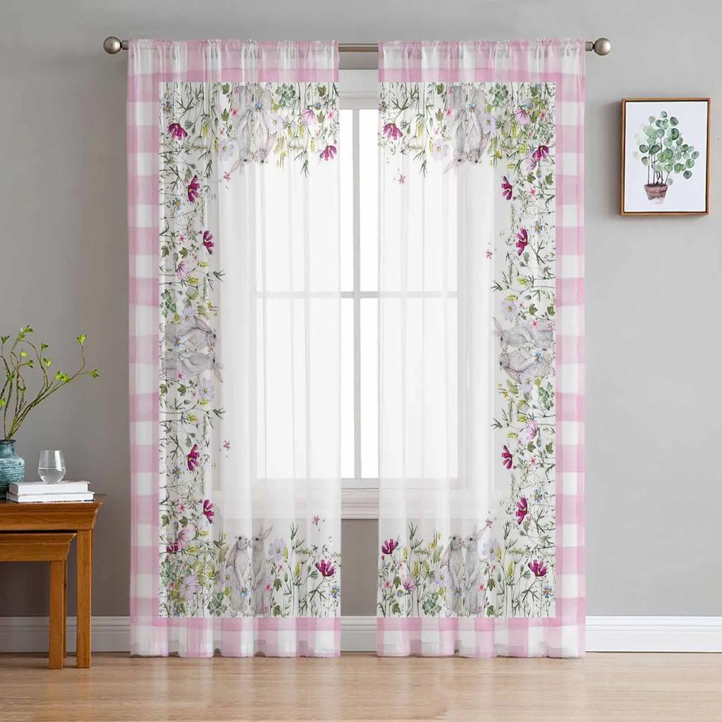 Light Filtering Easter Retro Farm Style Bunny Curtains Bedroom Living Room Festival Decor Cute Rabbit Kitchen Window Tulle Curtain Polyester Washable