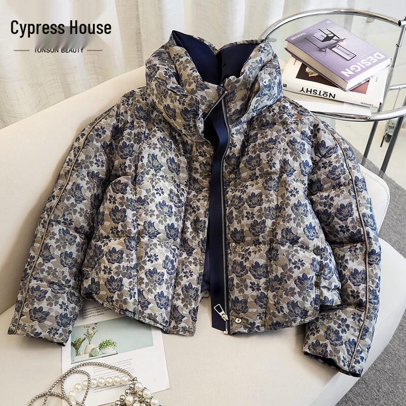 

Women s Floral Print Stand Collar Short Down Jacket L