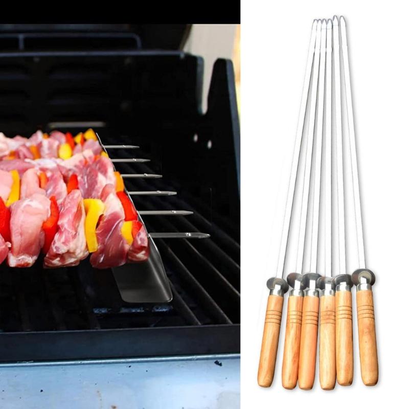 6Pieces Stainless Steel Barbecue Skewers Non Slip Wood Handles BBQ Stick for Camping Flat Metal Kebab Skewers Kitchen