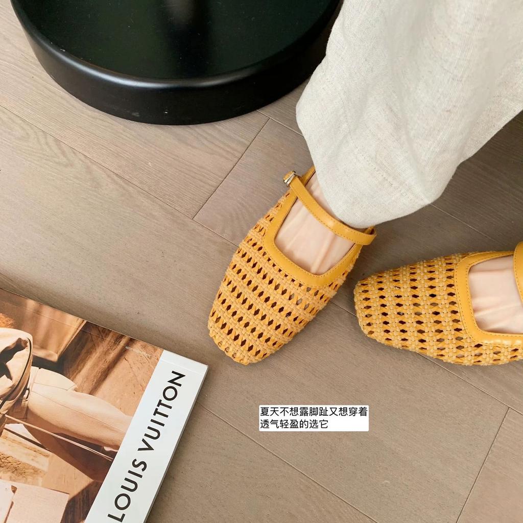 Sheepskin grape mother baotou slippers women's retro woven hollow square head one-word thick heel Muller half-drag empty single shoes