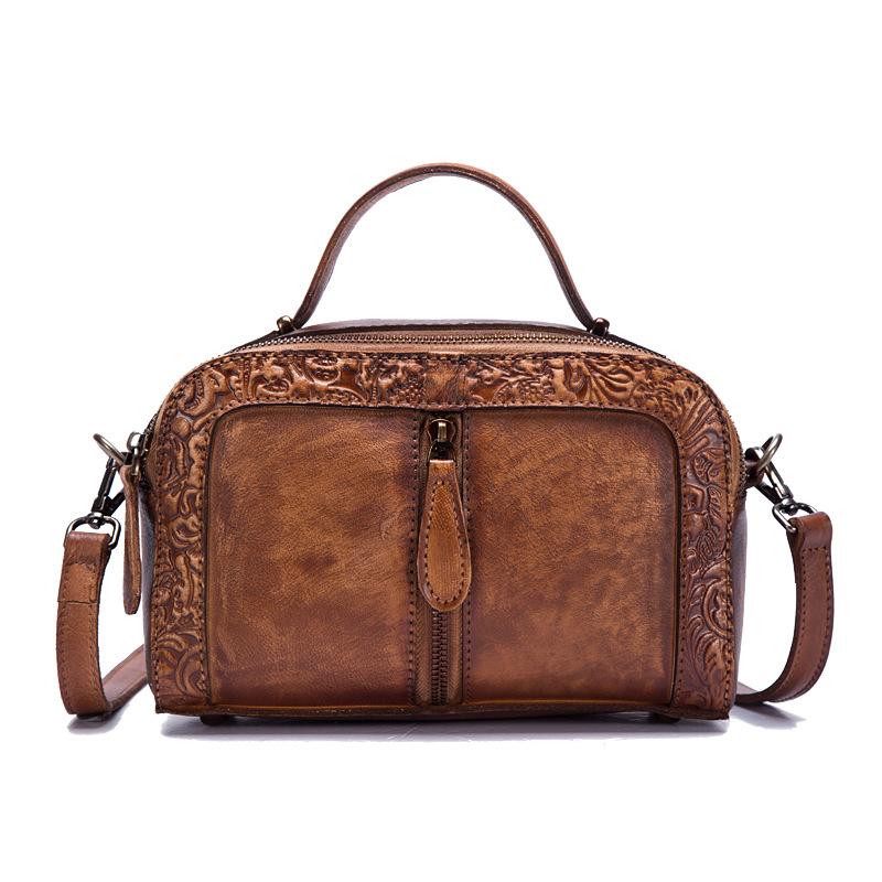 

Leather Pillow Bag Genuine Cowhide Crossbody Bag Retro Chinese Style Handmade Square Purse for Women коричневый