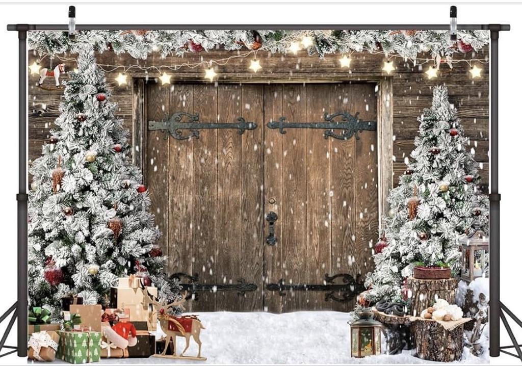 AIIKES 10X8FT Christmas Backdrop Winter Christmas Rustic Barn Wood Door