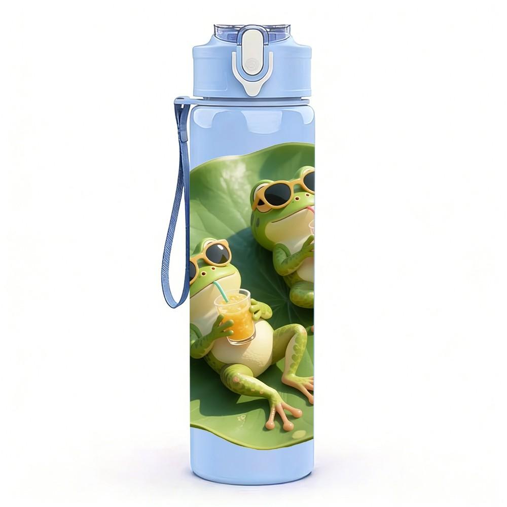 1PC Two Frogs On Lotus Leaf Print 750ml Color Plastic Sports Water Bottle Leakproof Flip Straw Lid Suitable for Sports Office Home Use