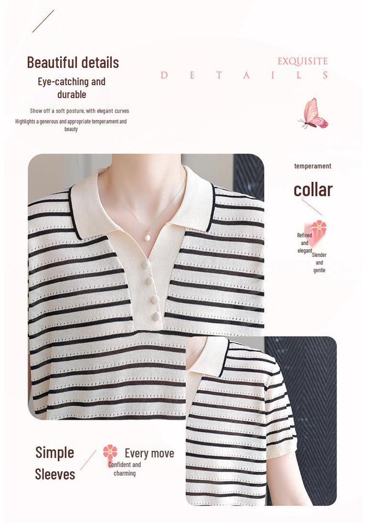 Mom's Summer Striped Short-Sleeve Ice Silk Knit Top