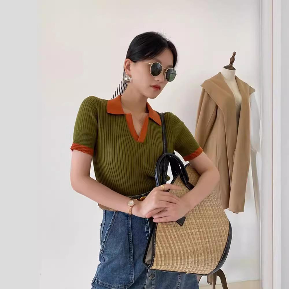 

Французский воротник поло контрастного цвета вязаный свитер для женщин летний темперамент приталенный крой короткий рукав тонкий и нишевый футболка топ M зелёный