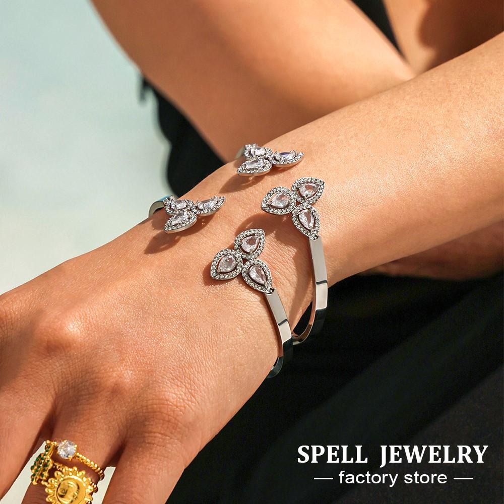 Shiny Zircon Flower Bracelets Cuff Bangles In Stainless Steel 18k Gold Plated Non Tarnish Openable Bracelet Bangle For Women