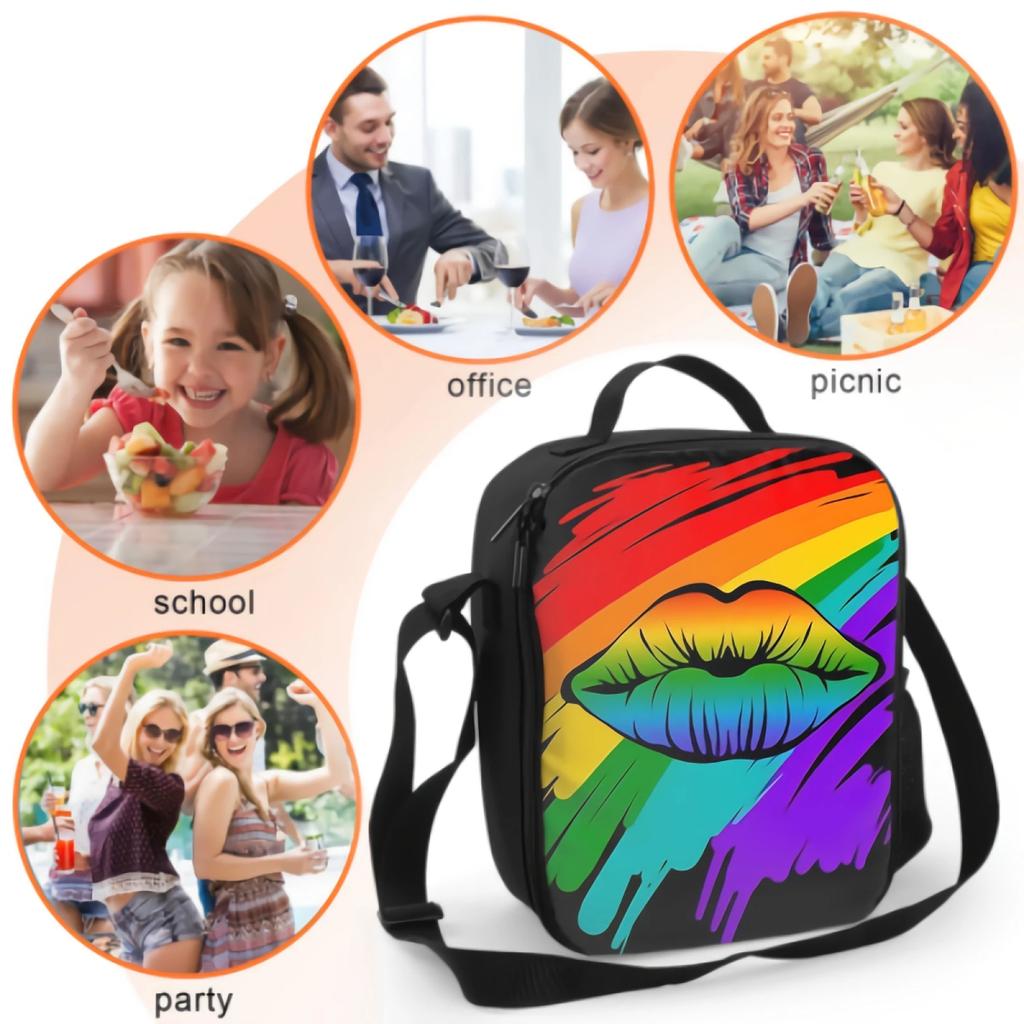 Regenbogenfarbene Lippe Isolierte Lunchbox Auslaufsicher Tragbare Lunchtaschen Langlebige Wiederverwendbare Kühltasche für Picknick Reisen Büro