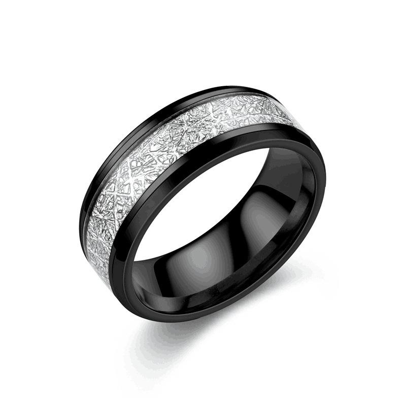 8mm Width Meteorite Stone Pattern Inlaid Silver Color Steel Ring Couple Wedding Band Engagement Jewelry