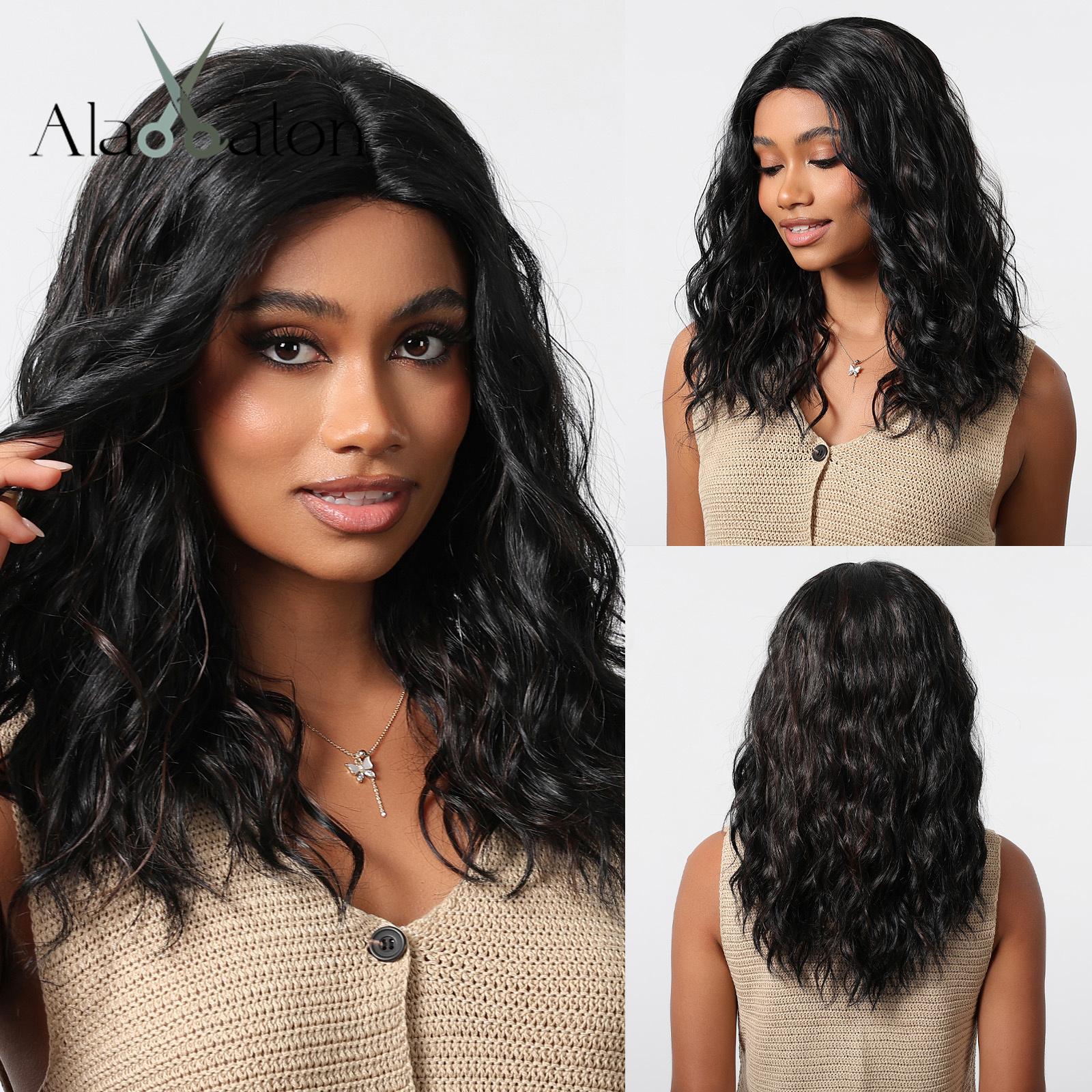 

ALAN EATON Medium Length Lace Synthetic Wigs Wavy Red Brown Highlight Wig for Black White Women Natural High Density 18inch