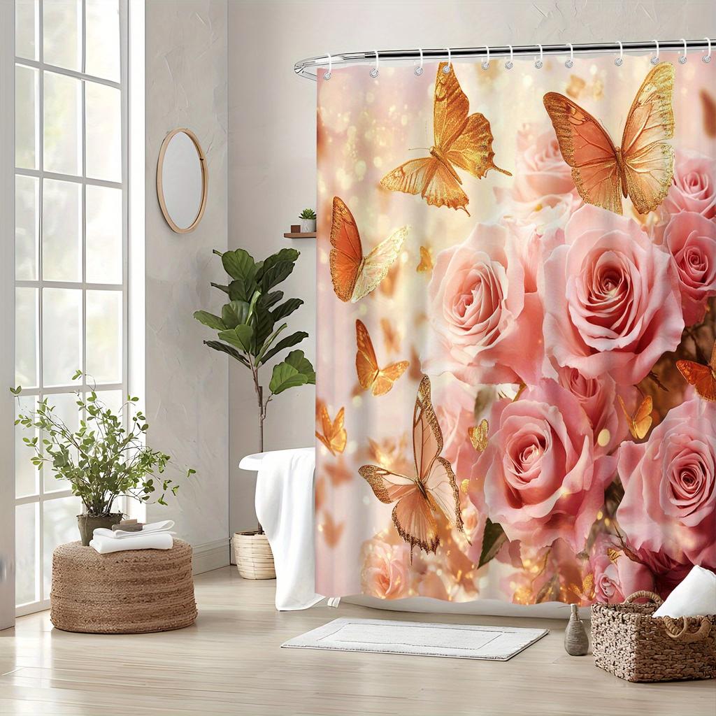 1pc Romantic Soft Pink Roses and Golden Butterflies Shower Curtain, Polyester Woven Fabric, Fashionable Bathroom Decor