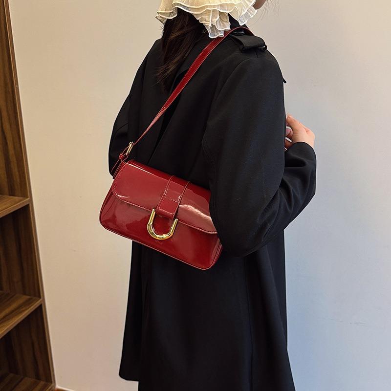 Geantă de umăr crossbody de damă vintage roșu vin cu cataramă potcoavă, geantă tote de modă pentru subraț