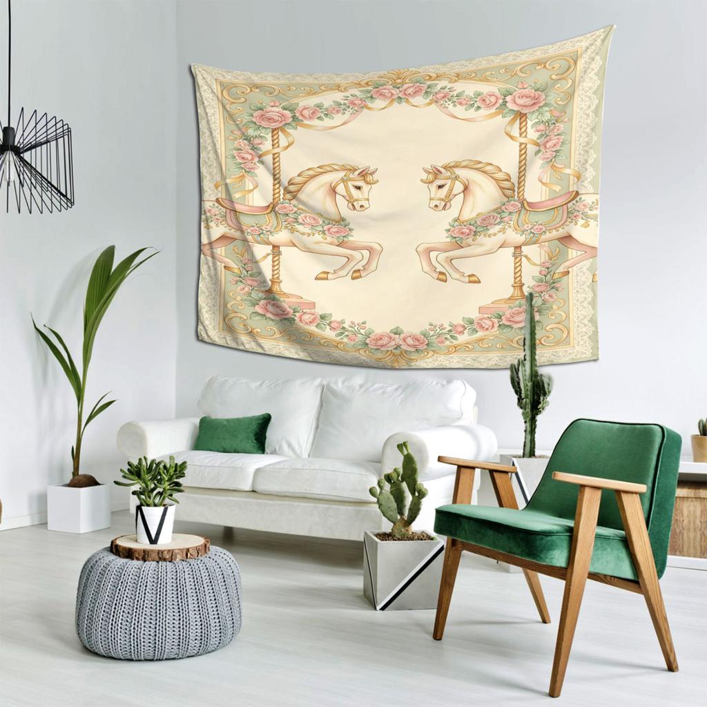 Elegant Vintage Horse Stallion Tapestry Wall Hanging Art Floral Rose Decor Equestrian Style Boho Nursery Bedroom Room Tapestry F