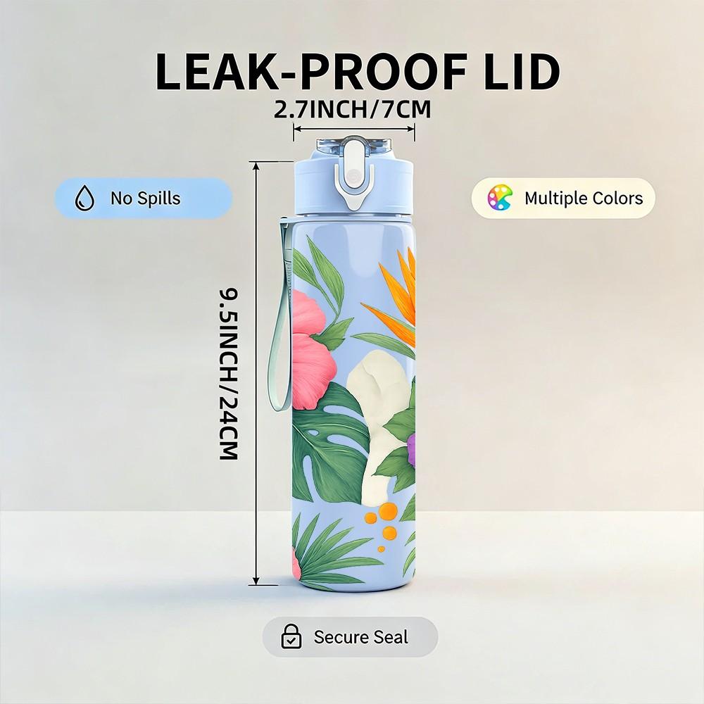 1PC Tropical Hibiscus Mixed Flower Print 750ml Color Plastic Sports Water Bottle Leakproof Flip Straw Lid Suitable for Sports Office Home Use