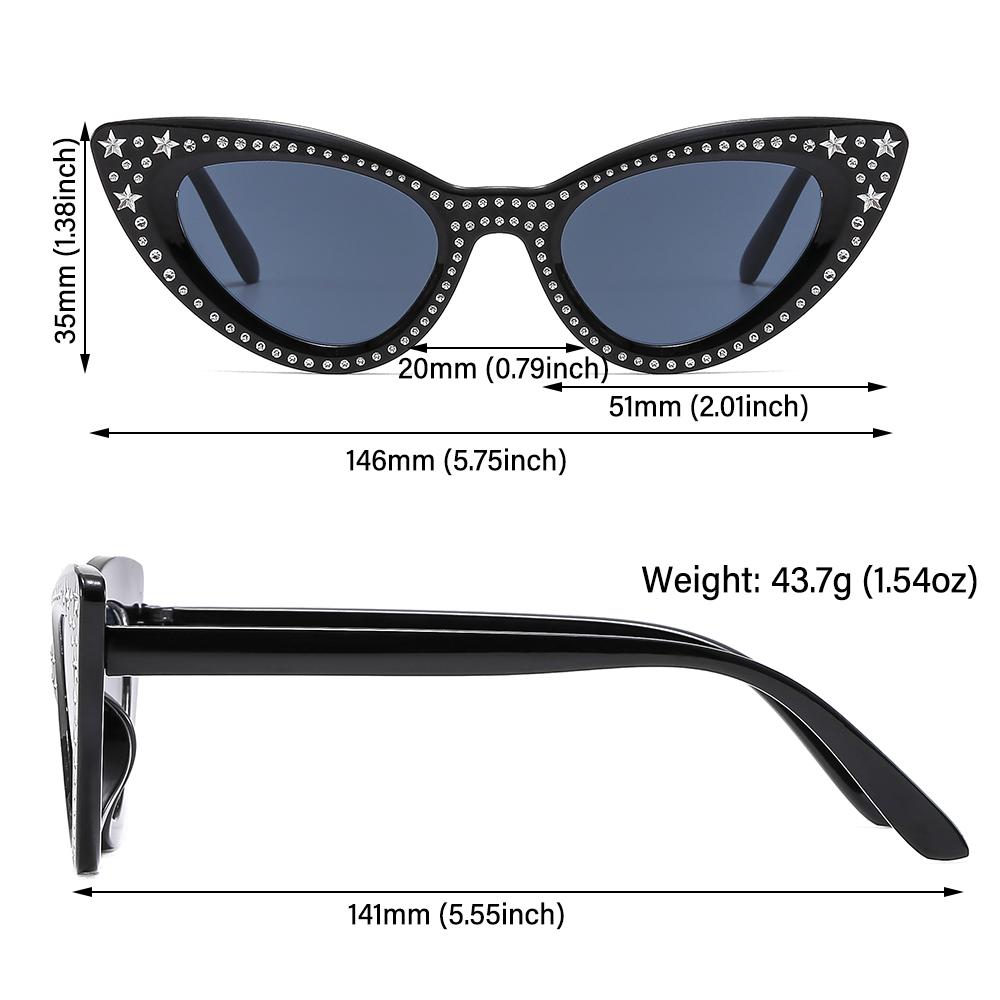 Stars Decor Cat Eye Sunglasses for Women Diamond Sun Glasses Rhinestone Bling Shades Y2K Cycling Driving Eyewear