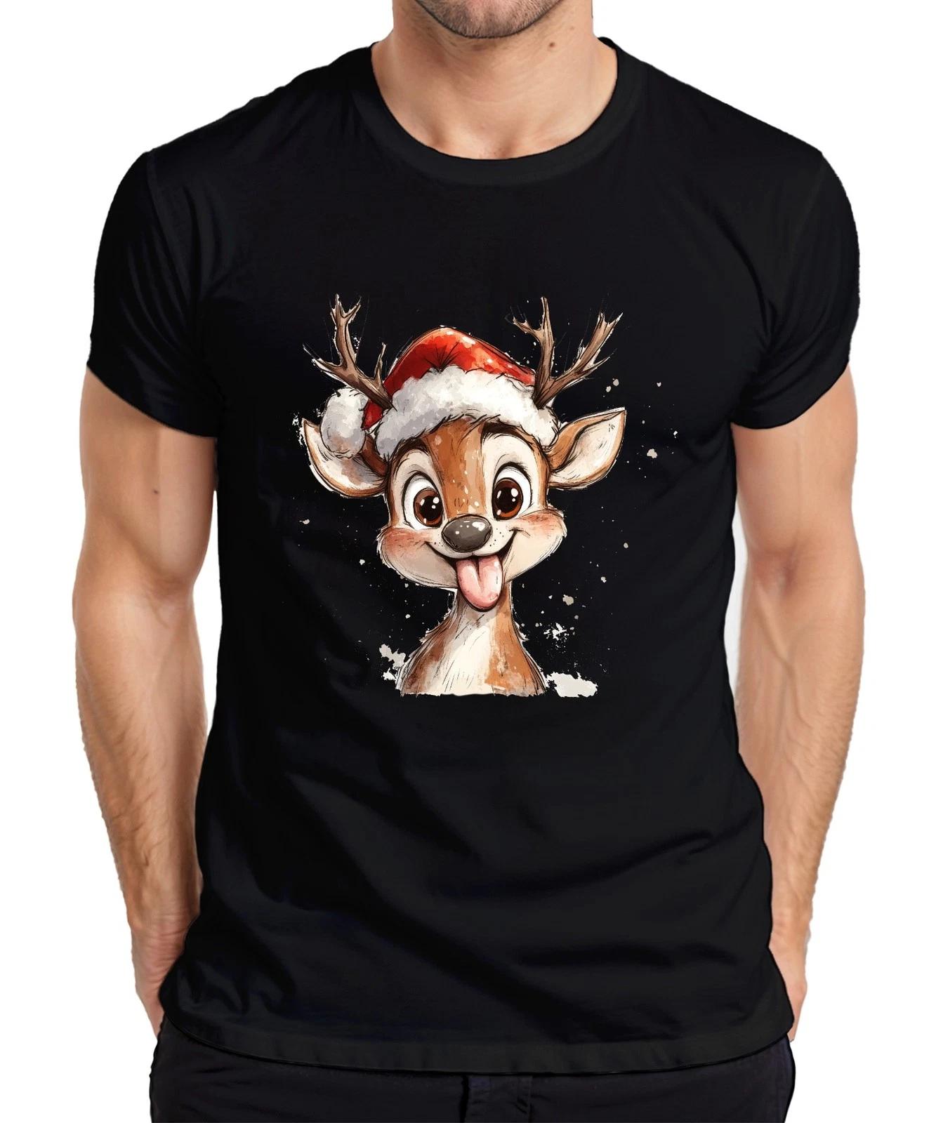 Funny Reindeer Christmas Gift Kids Cute Tongue Vintage Mens T-Shirt- L