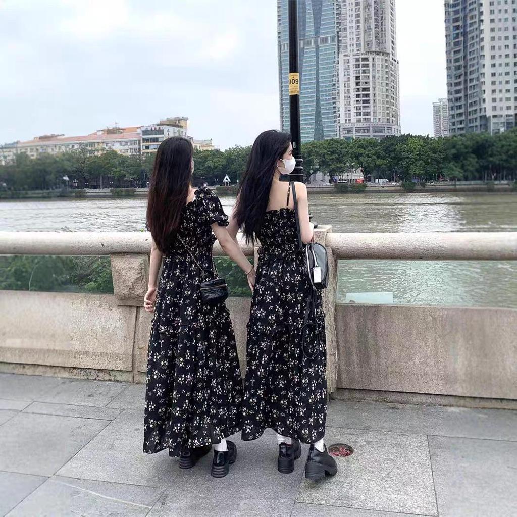 Chiffon Floral Summer Dress for Women - 2025 Design with Slimming Waist, Slit, and Square Neckline