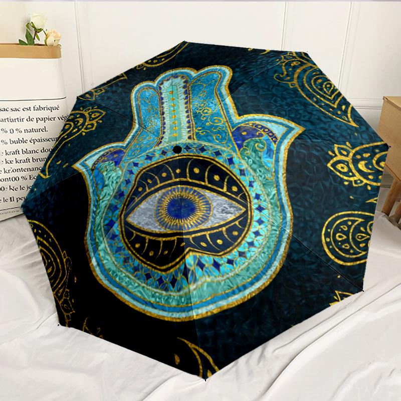Golden Hamsa Hand Design 8-Frame for Travel, Camping, Casual Lightweight Portable Umbrella, Essential for Every Family Holidays Birthday Gift