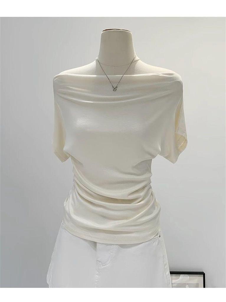 Sommer Reines Verlangen Ein Schulter Schwarz Kurzarm Damen T-Shirt Koreanischer Stil Schlankmachendes Top Freiliegende Schulter Modisch