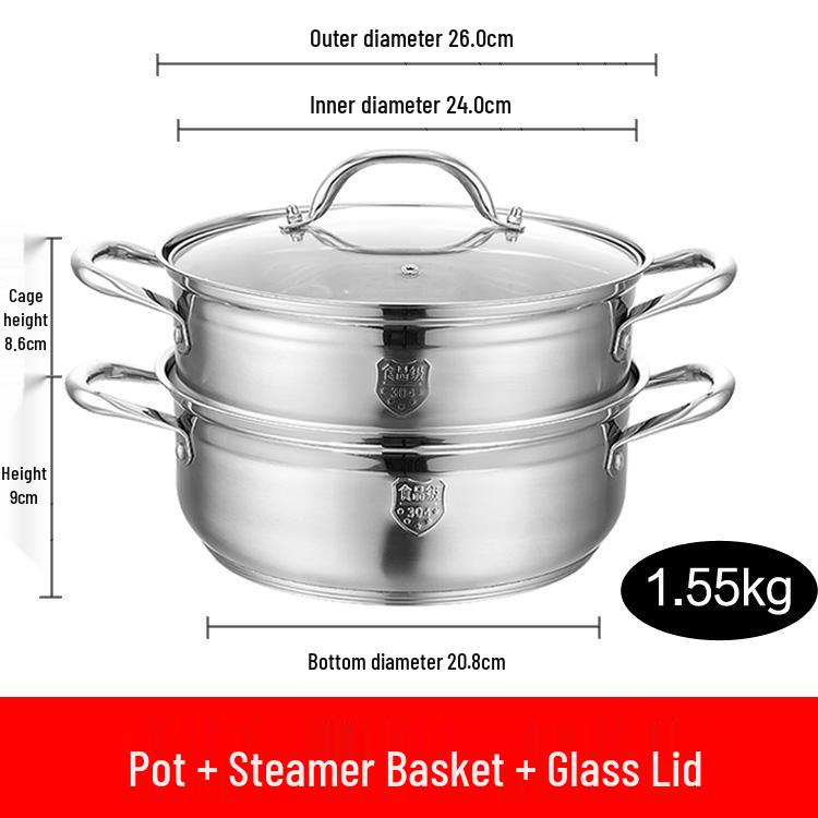 304 Stainless Steel Steamer: 1-Tier/2-Tier Thickened Pot, Single/Double-Layer, Induction-Compatible, Multi-Purpose for Steaming and Boiling.