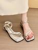 Barlow fantasy! Stylish square head metal buckle cover toe thick heel sandals women's 2025 summer new Korean version flat sandals
