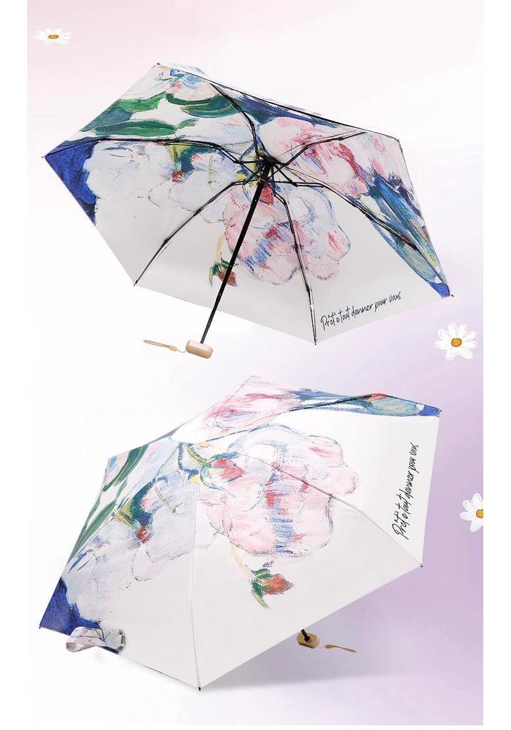 Compact Chinese-Style Oil Painting Umbrella: Portable, Manual Open, UV Protection for Sun & Rain