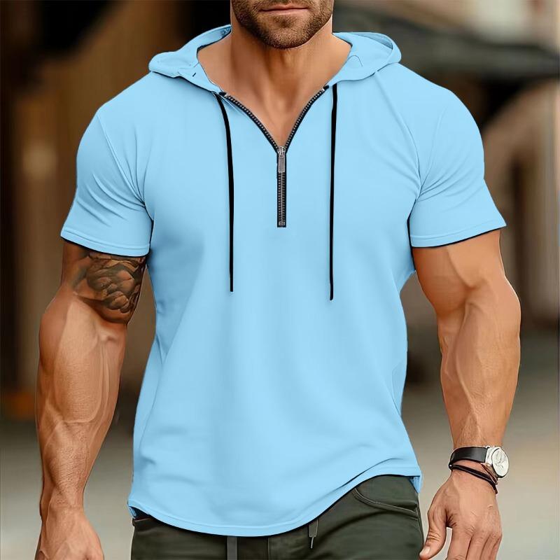 Summer New Men's Hooded Sports Fitness Versatile Casual Short Sleeved T Shirt