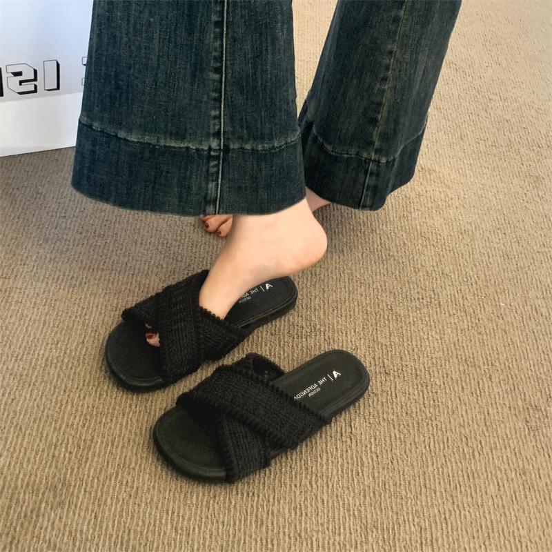 

Beach sandals vacation one-word bohemian flat cool slippers women s summer wear 2025 new with skirt 40 чёрный