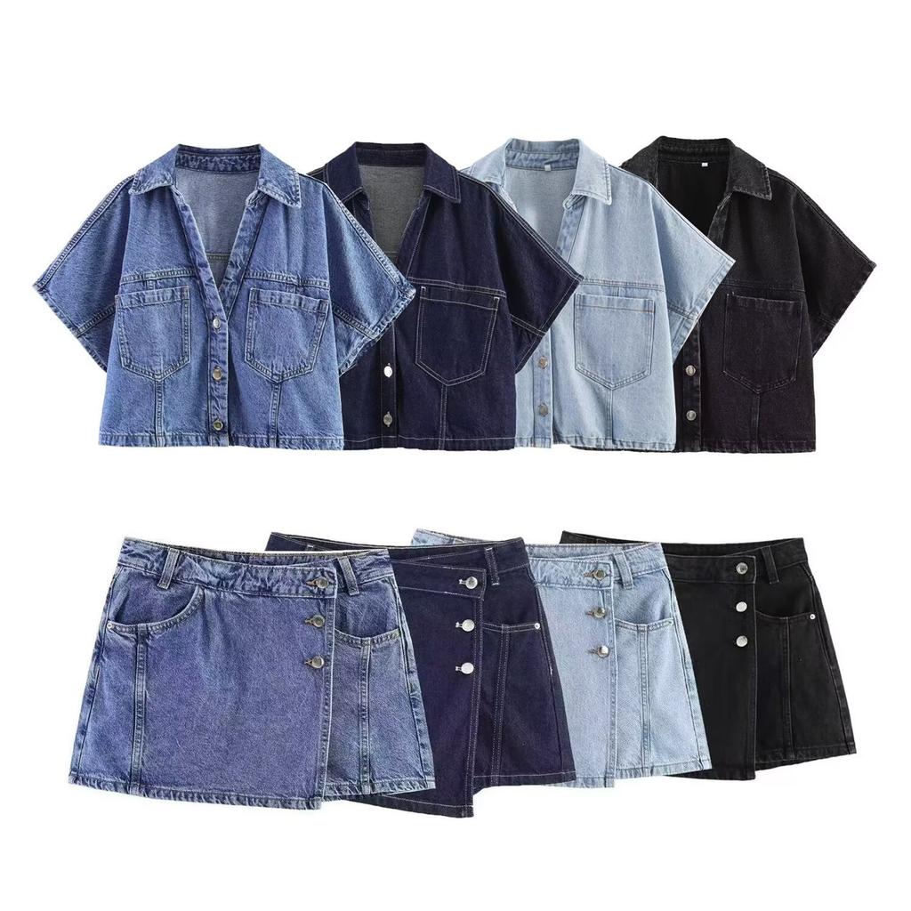 European and American French women's clothing fashionable and versatile temperament casual, denim short shirt + denim skirt pants